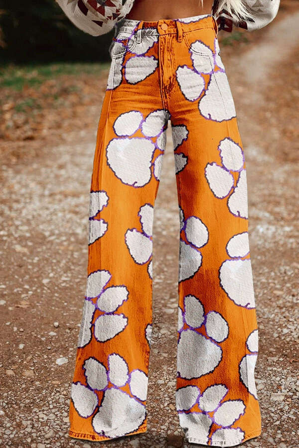2025 Women's Casual High-Waisted Wide-Leg Jeans - Printed Stretch Fabric