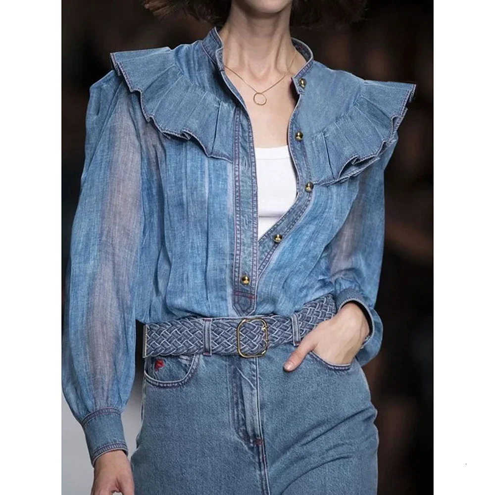 Elegant Denim Ruffle Women Shirts Round Neck Patchwork See Through Lace Long Sleeve Single Breasted Cardigans Spring Female Tops 250520