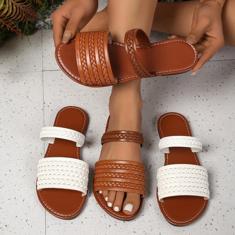 Large Size Flat For Women S Spring And Summer New Fashion Lightweight Solid Color Woven Worn On Casual Shoes The Beach Cool Slippers Ddmysaturn