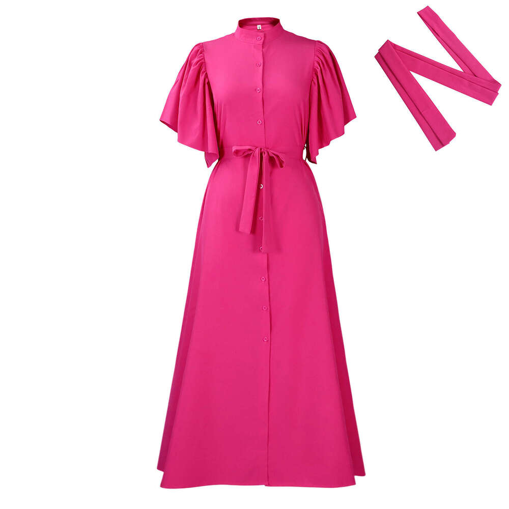 Women's Wear D3270- Summer Fashion Flare Sleeves Single Breasted Belt Loose Waist Long Dress