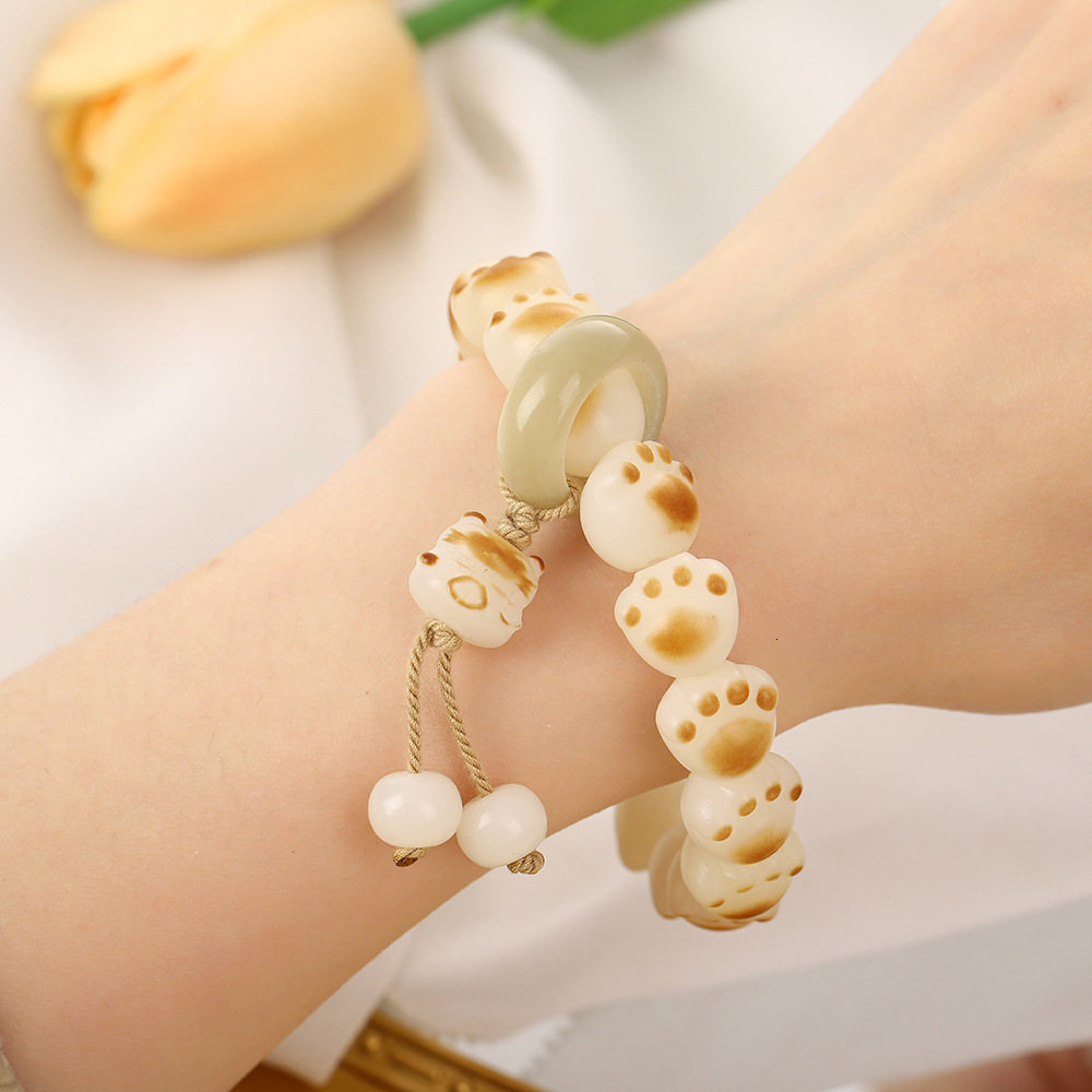 Simple light Chinese style creative charcoal burned cat paw bodhi root bracelet, tassel single circle braided rope, men's women's cultural a