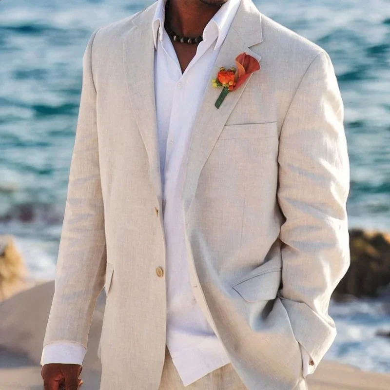 Beige Linen Wedding Suits for Men Beach 2 Pcs Groom Tuxedo Summer American Style Suit Jacket with Pants 250519