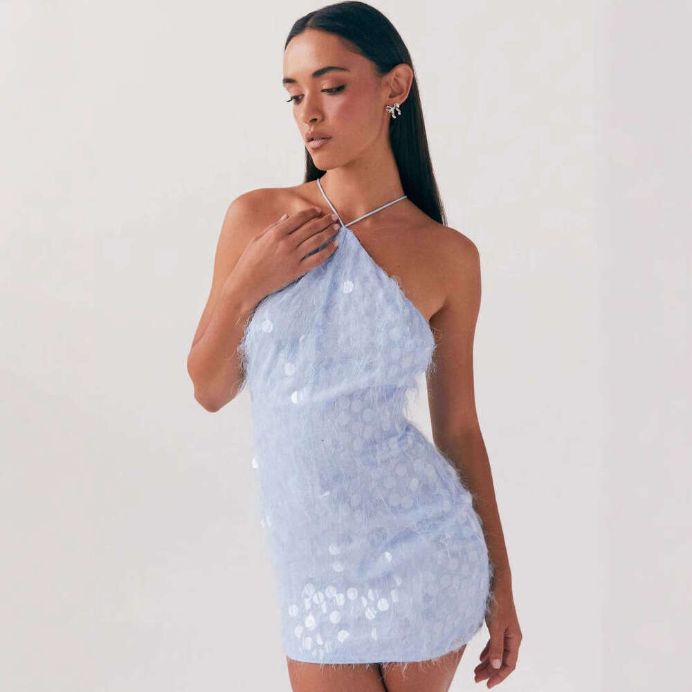 Desin a sexy and pure neck hanin bead piece, backless cross strap slim short European station party liht dress, summer 2025 new casual fashion trend