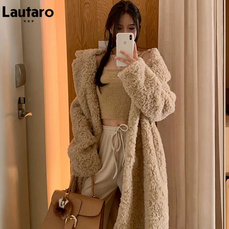 Lautaro Winter Long Oversized Shaggy Fuzzy Warm Thick Fluffy Faux Fur Coat Women Sashes Lapel Stylish Korean Fashion 2021