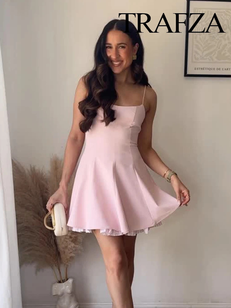 TRAFZA Womens Summer Sweet Round Neck Pink Striped Short Sling Dress Female Elegant Pleated Sexy Slim Mini Sleeveless 250520
