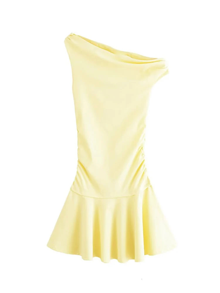 TFMLN Womens Diagonal Shoulder Aline Dress Chic Asymmetric Style Sleeveless Slim Elegant Folds Mini Dresses Summer 250520