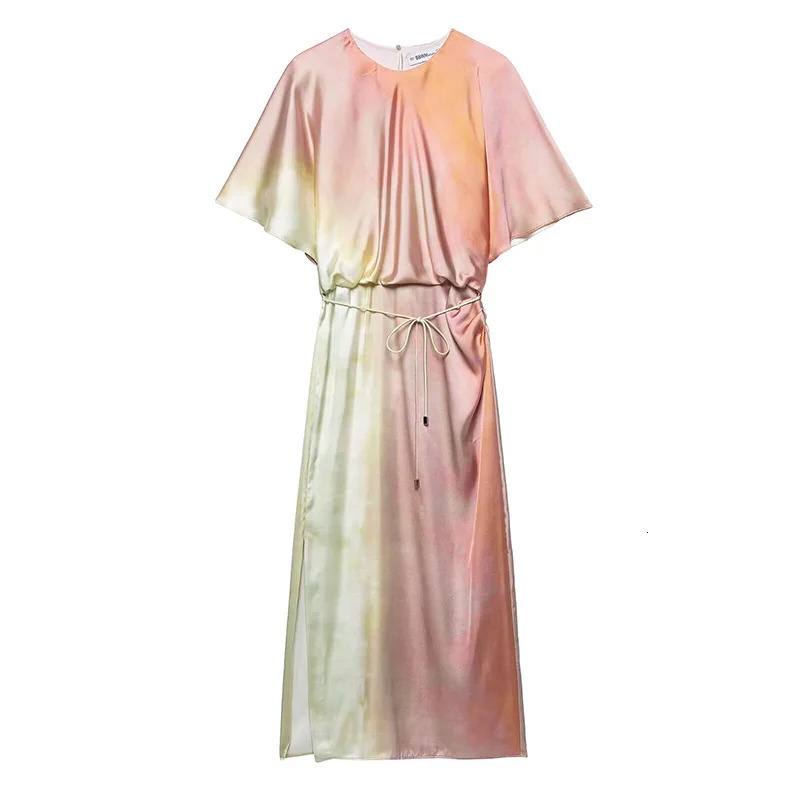 Willshela Women Fashion With Belt Tie Dye Pleated Side Slit Midi Dress Vintage ONeck Short Sleeves Female Chic Lady Dresses 250520