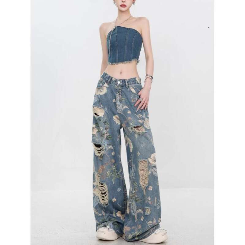 China-Chic Fashion Summer New American Printed Perforated Jeans Women's Loose Straight Leg Pants Trendy
