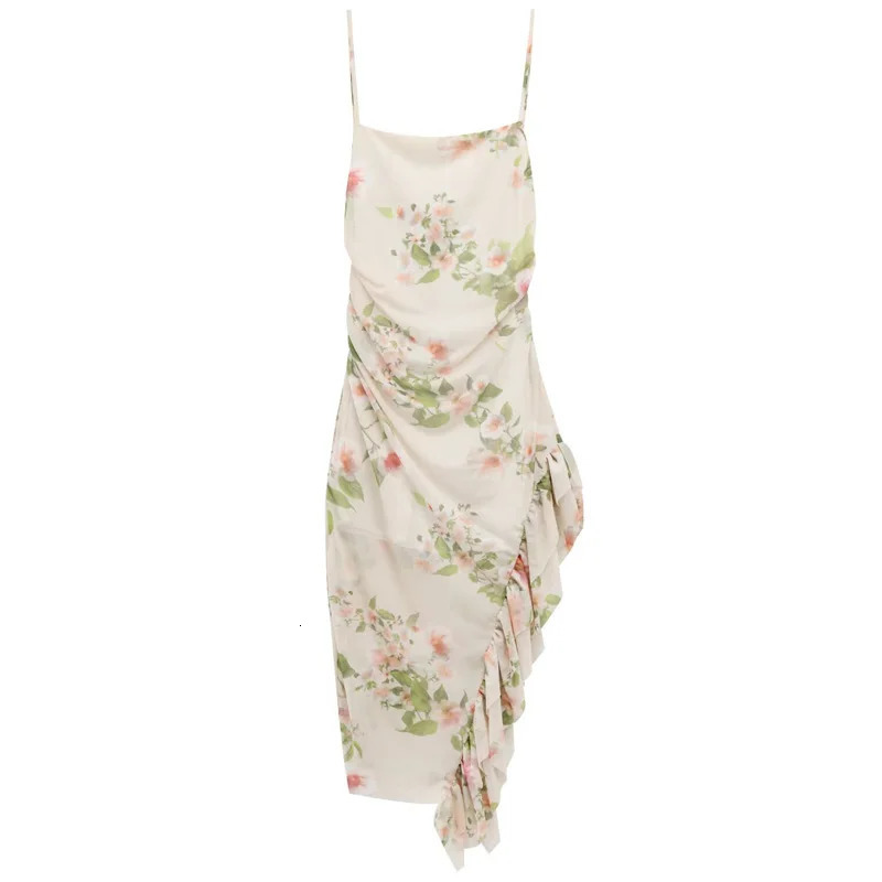 TRAF Womens Print Slip Dress Summer Casual Midi Backless Layered One Piece Resort Ruffled Sleeveless Vestidos 250520