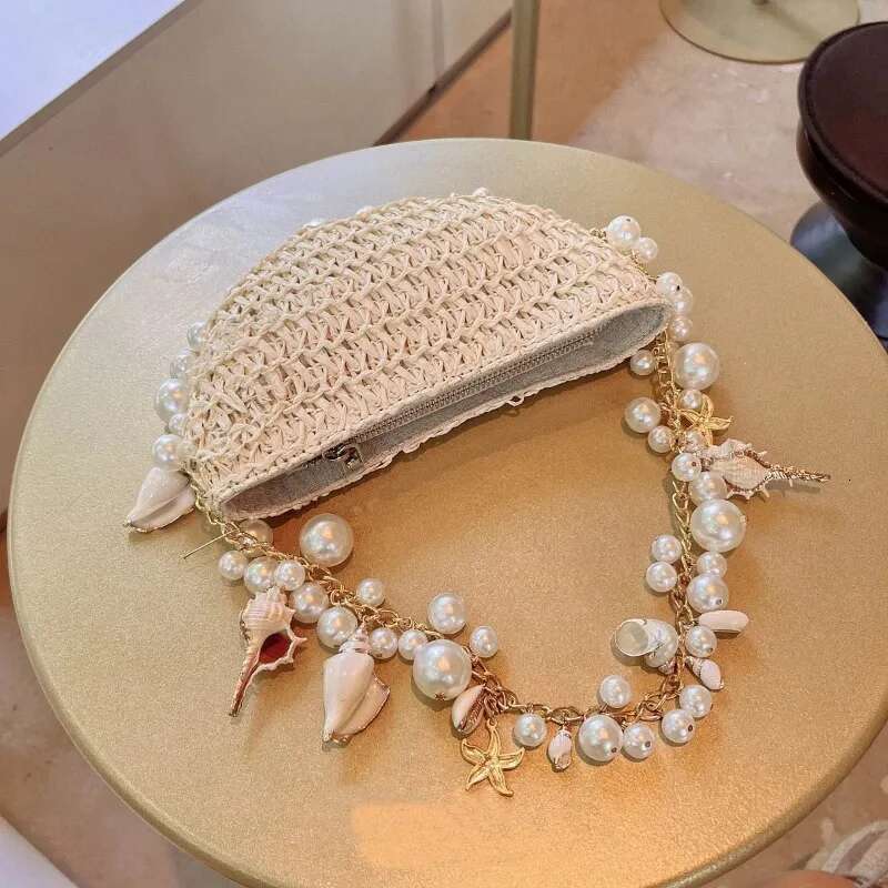 Fashion Pearl Woven Bohemian Rattan Beach Women's Single Shoulder Crossbody Bag Handbag