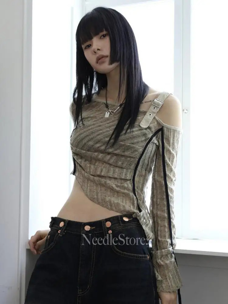 Yedinas American Retro T Shirt Women Clothes Long Sleeve Crop Top Lace Up Korean Fashion Gothic Off Shoulder Tee Shirt Femme Y2k 250517