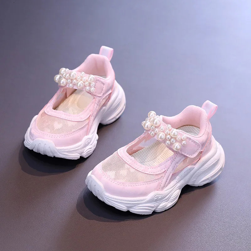 Girls Tennis Shoes Mesh Hollowed Summer Children Solid Color Pearl Sports Shoes Kids Princess Sneakers Cute Heart 250519
