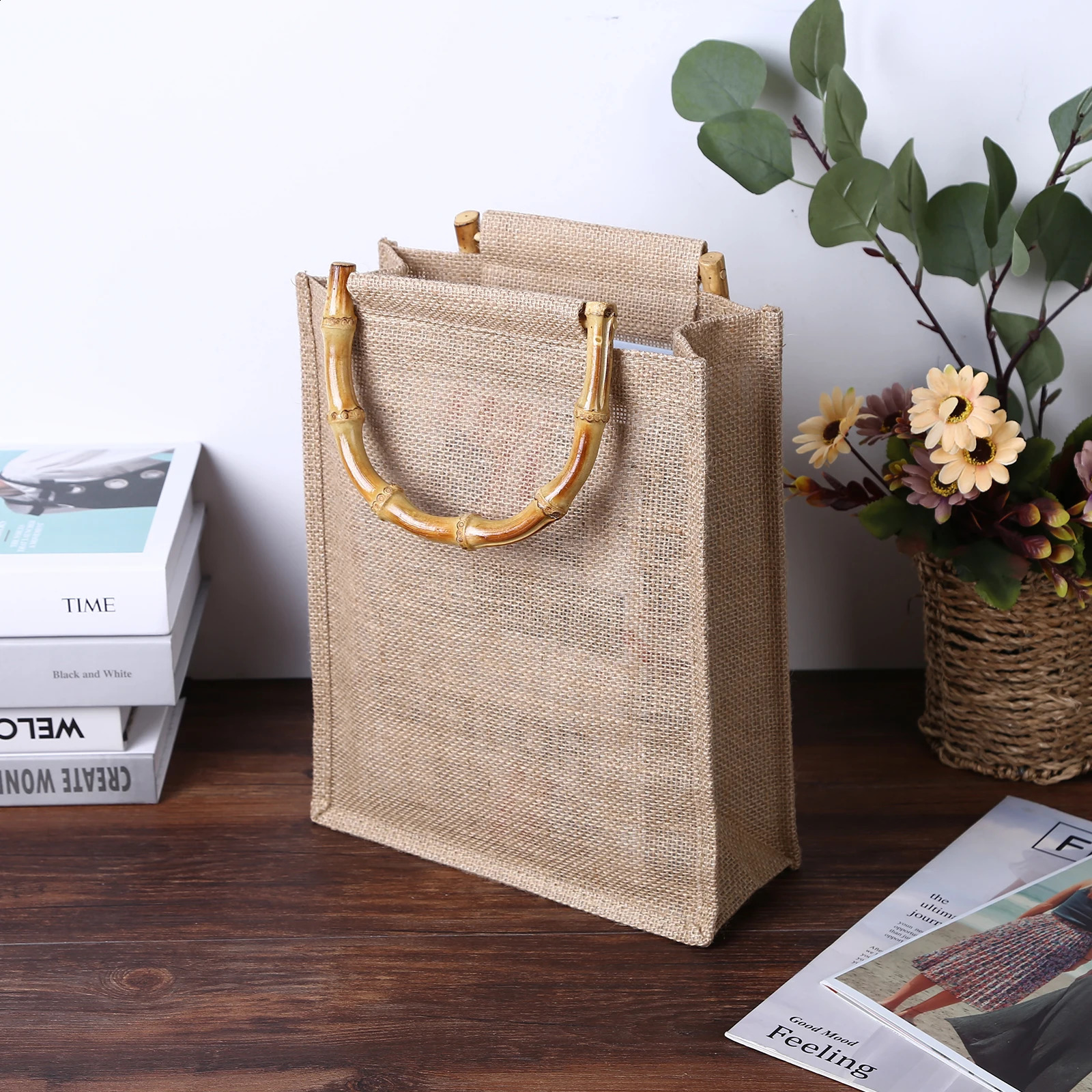 Creative Linen Beach Tote Bags for Women Bamboo Handle Reusable for Grocery Shopping Gift Packaging Top-Handle Bag 250516