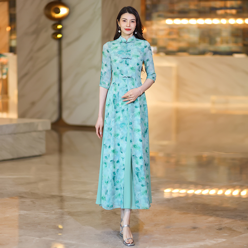 summer chinesestyle cheongsam maxi dresses for women exuding highend and graceful charm with short sleeves printed chiffon fabric and a onepiece desig