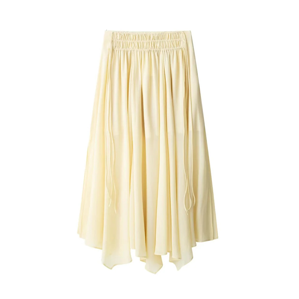 UNIZERA Womens Long Sleeve Ruffled Collar Blouse and Elastic Waist Asymmetrical Skirt Set in Cream for a Chic Look 250520