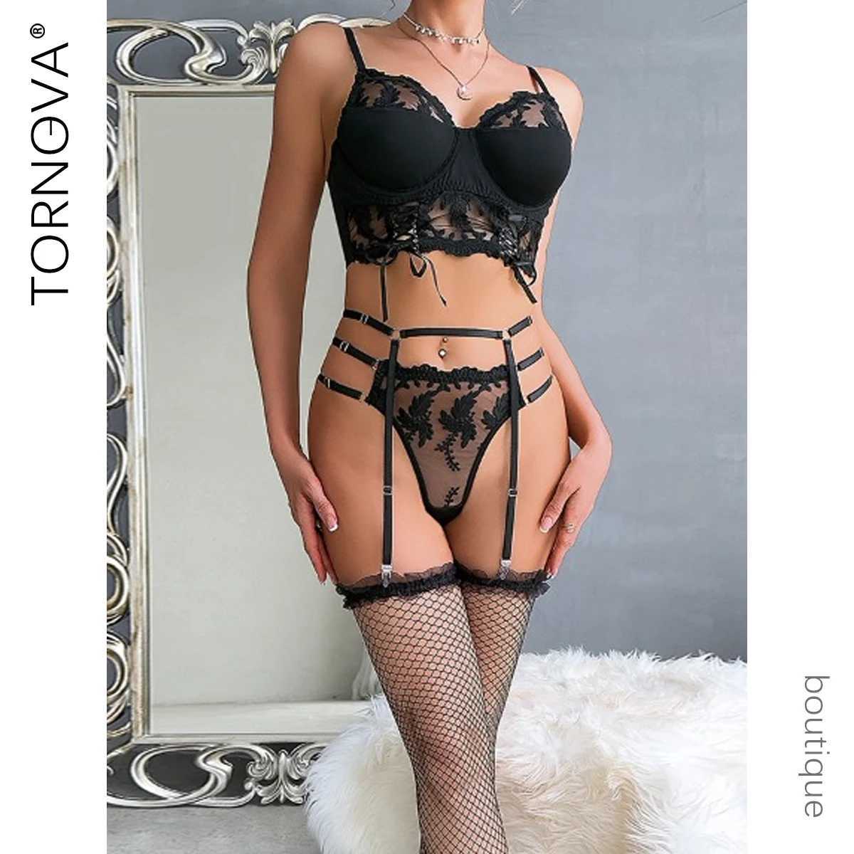 Sexy Embroidery Lingerie Suit for Women Mesh See-through Stocking Underwear Set Exotic Sexy Garters Lingerie 4-piece Set R250520