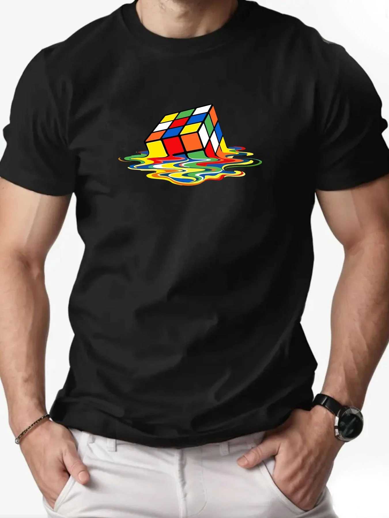 Men t-shirt 100% Cotton Melting Rubiks Cube Print Round Neck Breathable Streetwear Tee Casual Fashion High quality Clothing W250520