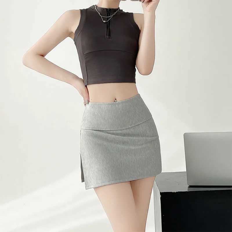 Solid Color Side Split Yoga Skirts Women Summer 2025 New Anti-Glare Tight Wrap Hip Skirt Versatile High Waist Sports Short SkirtXJ250520