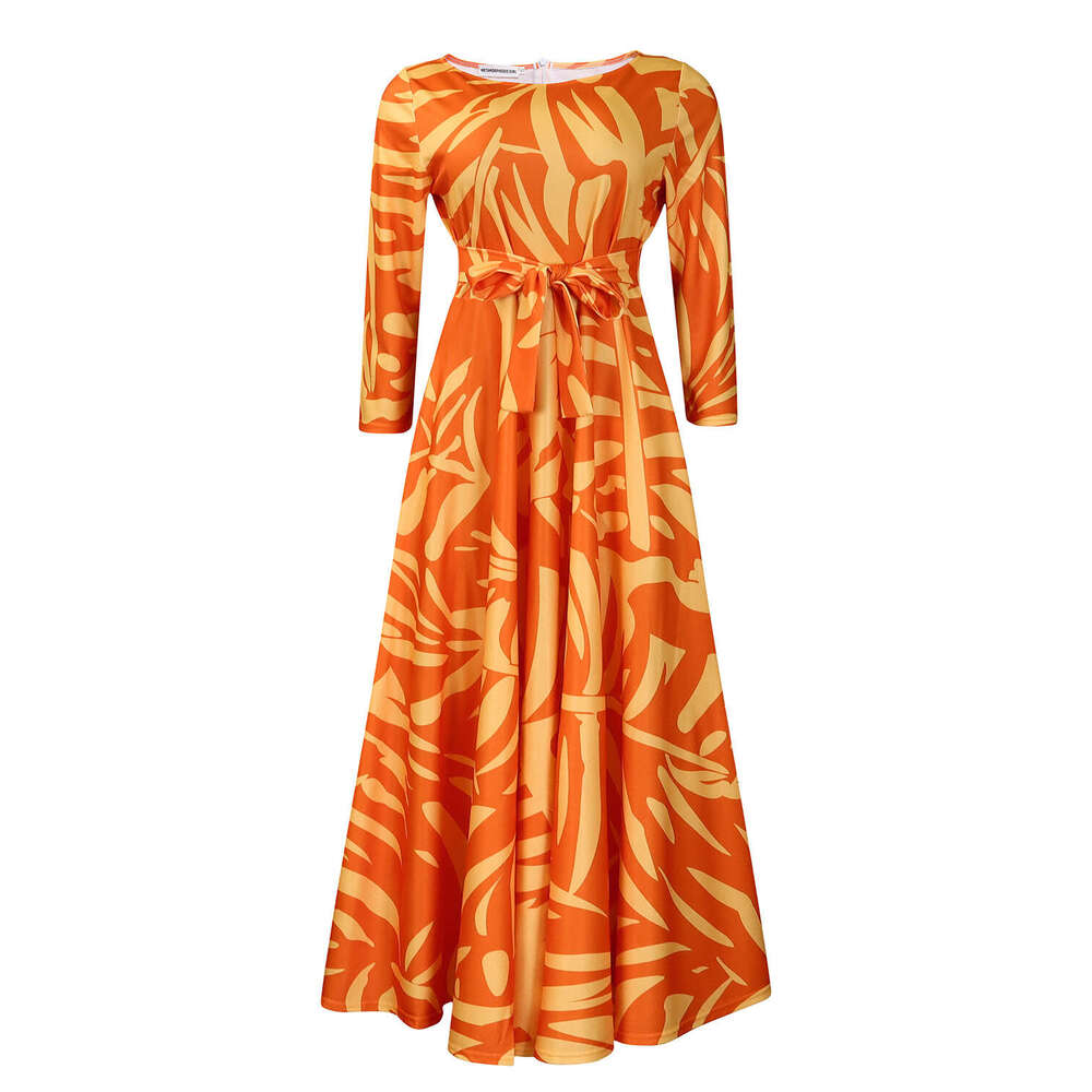 Women's Wear Women's Spring New Fashionable And Stylish Style Lace Up Print Large Medium Length Dress