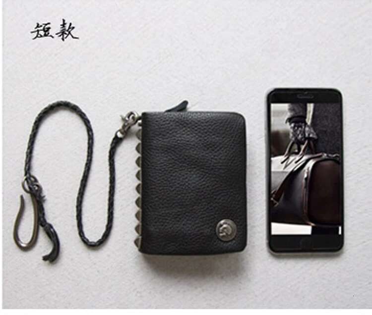 Fashion PUNK Stud Genuine Leather Men Bifold Short Wallet Zip around Male Purse Cowhide Money Bag Clip with Chain Black