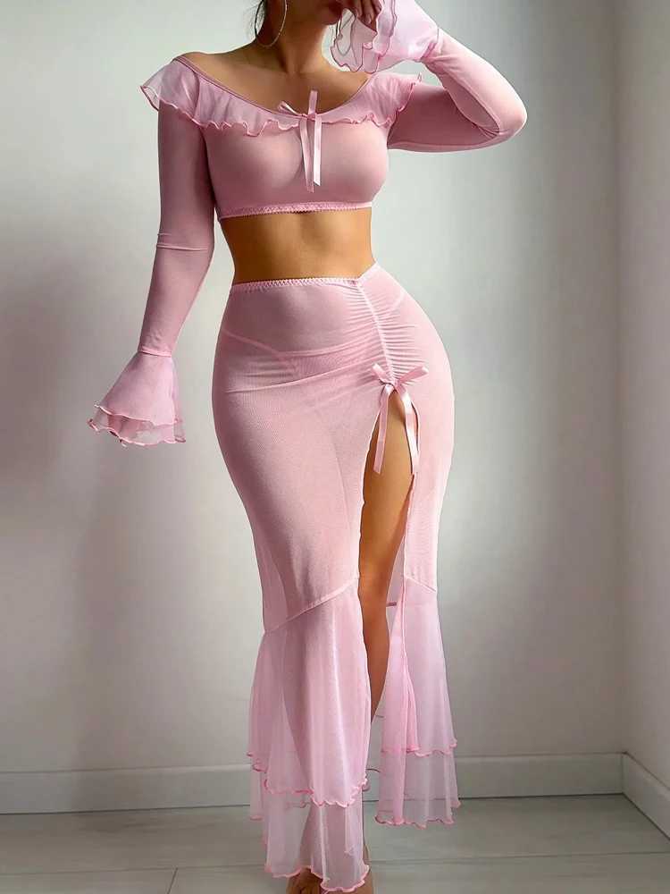 Sexy Suit Mesh Ruffled Slit Ruffled Lingerie Suit One-shoulder Slutty Hip-packing Skirt Sexy Slim Short Set New R250520