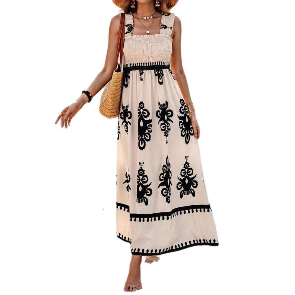 New hot selling women's beach dresses in Europe and America, vacation style printed chest wrapped dresses, 2025 new casual fashion trend clothing
