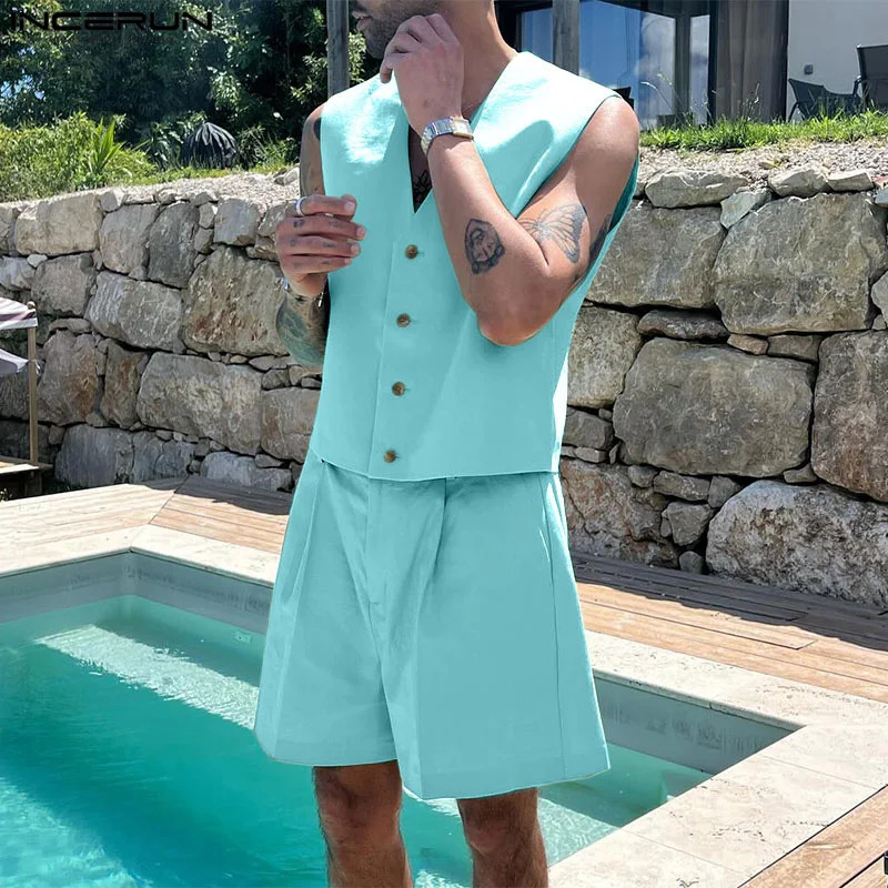 INCERUN Men Sets Solid Color V Neck Sleeveless Crop Vests Shorts Two Pieces Sets Streetwear Fashion Mens Casual Suits 250519