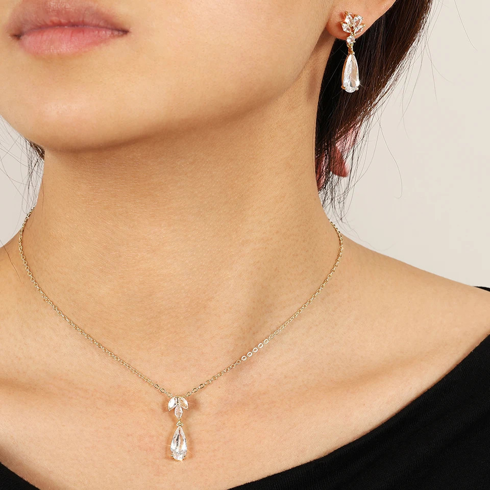 ZAKOL Shiny Teardrop Zircon Dangle Earring Necklaces for Women Elegant Shining Crystal CZ Wedding Jewelry Set With Gift Box 250520