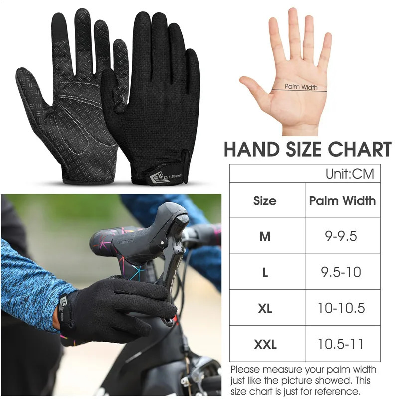 WEST BIKING Summer Cycling Gloves MTB Full Finger Bike Touch Screen NonSlip Silicone Palm Rest Driving Riding 250515