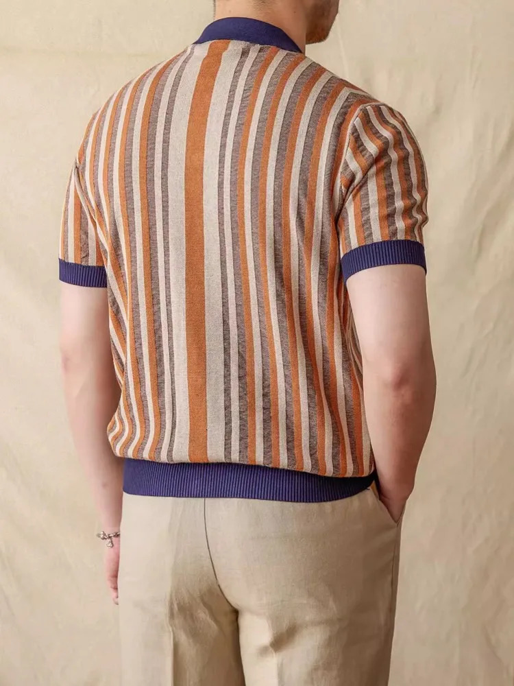 Summer Mens Mixed Colors Lapel Collar Single Breasted Slim Fit Knitted Shirt Business Men Work Breathable Short Sleeve Top 250520