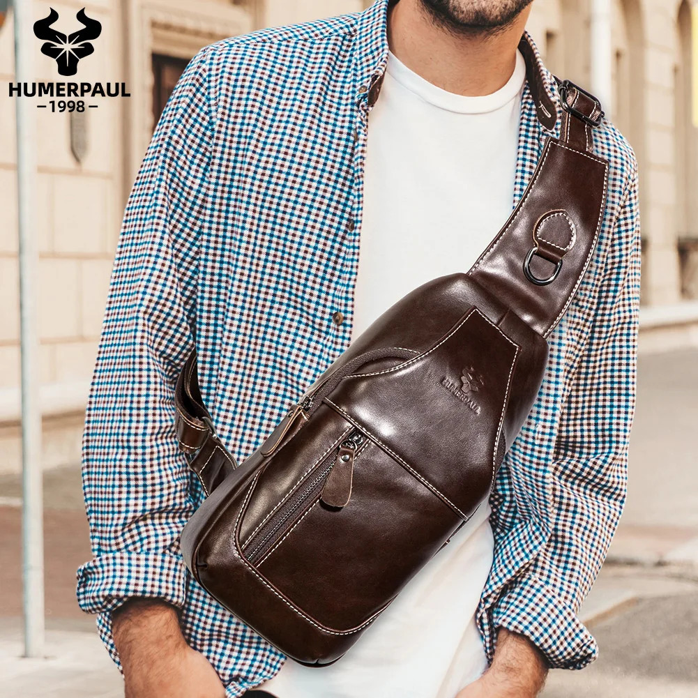 HUMERPAUL Mens Chest Bag Crossbody Pack Genuine Leather Large Capacity Casual Messenger Bag Retro Men Handbag Shoulder Bag 250519