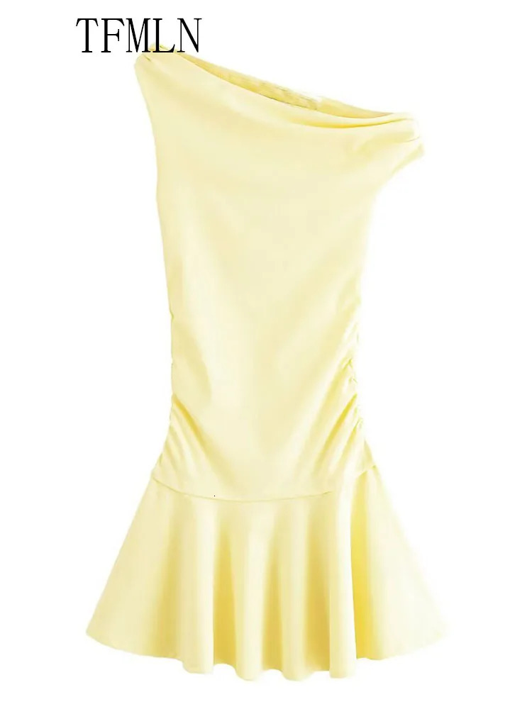 TFMLN Women Solid Asymmetrical Mini Dress Summer Sleeveless Diagonal Collar Causal Slim Fashion High Street 250520