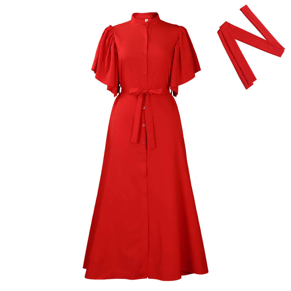 Women's Wear D3270- Summer Fashion Flare Sleeves Single Breasted Belt Loose Waist Long Dress
