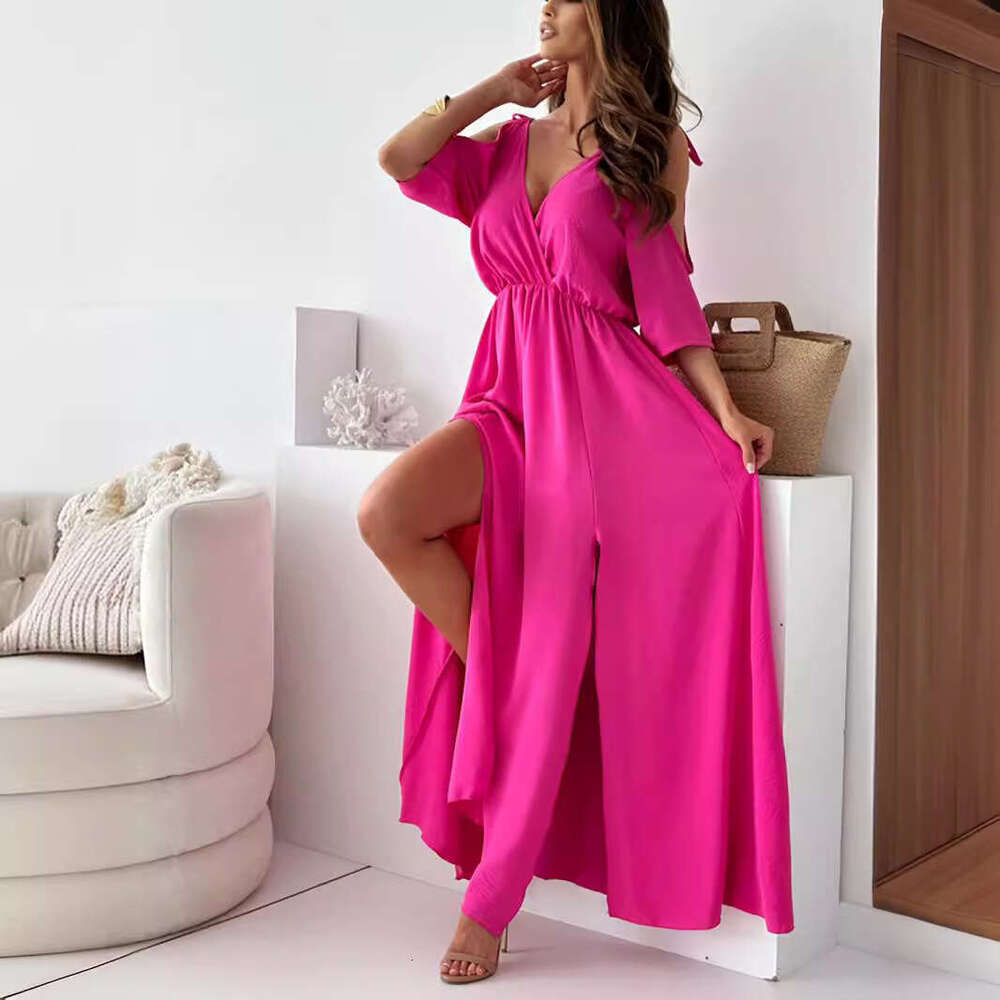 Halter Dress V Neck Skirt Slit With Off Shoulder Sleeves And Sexy Suspender Dress Maxi Dress