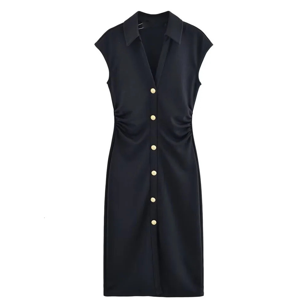 UNIZERA womens pleated slim fit pearl cloth shirt style short sleeved Vneck dress summer 250520