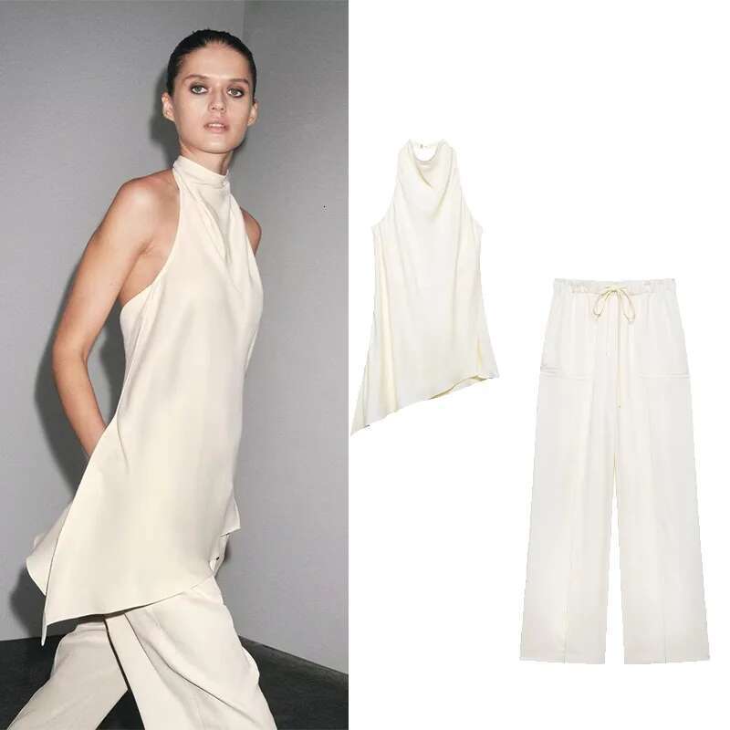 TRAF Wide Leg Pants Set 2 Pieces Sexy Backless Asymmetric Top Women Drawstring Trouser With Elastic Waist Female Outfit