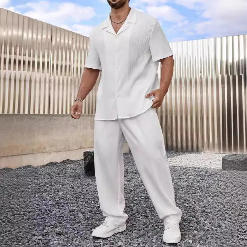 Mens Suit Casual Button Shirt and Short Sleeve Pants Two-piece Set for Men 250519