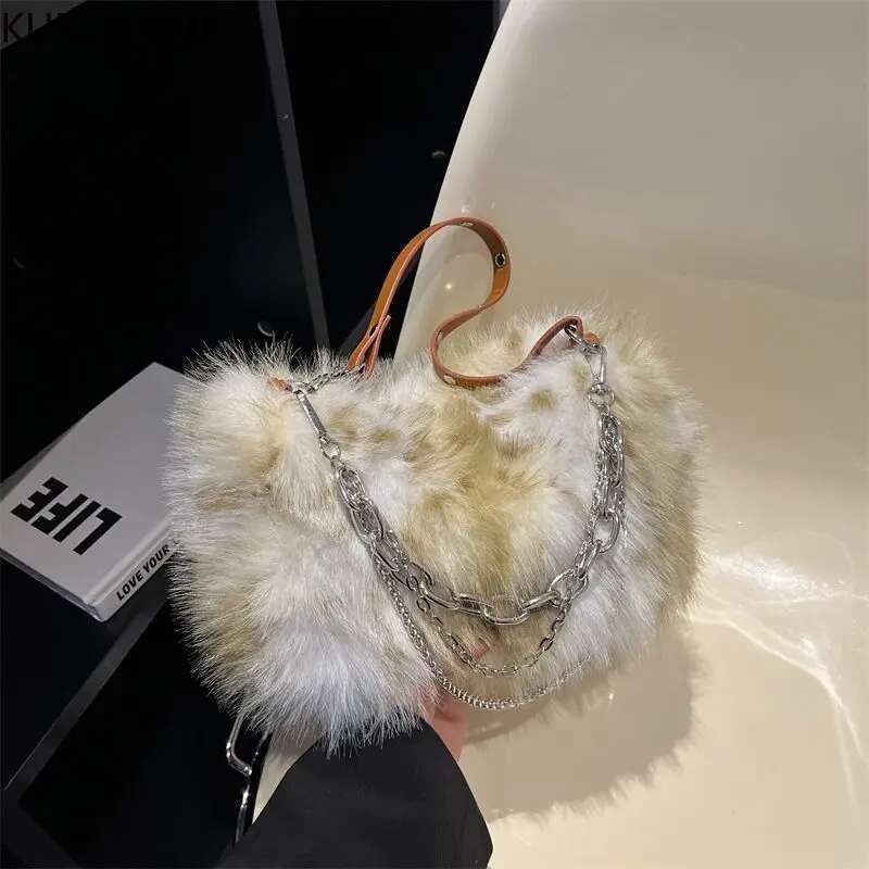 Y2k Women Shoulder Underarm Bags Fashion Chains Faux Fur Ladies Furry Crossbody Bag Soft Plush Female Handbags Tote Purse