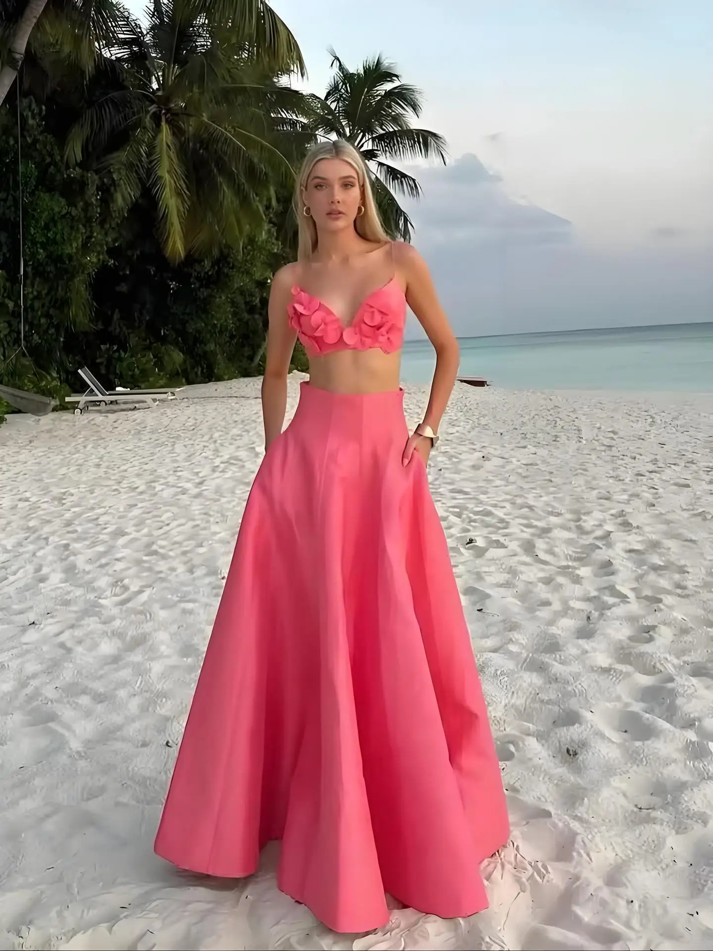 VEITCHE Spring Summer Women Pink Flower Cropped Top Skirt Set Fashion High Waist Long 2 Piece Suit Vocation Beach Outfit 250520