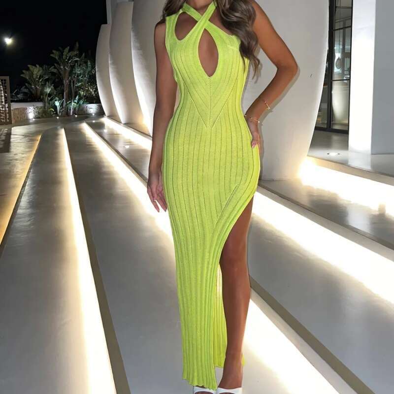 Halter Dress Summer New Sexy Fashion Tight Solid Color Knitted Pit Strip Side Split Dress Women S Wear Maxi Dress