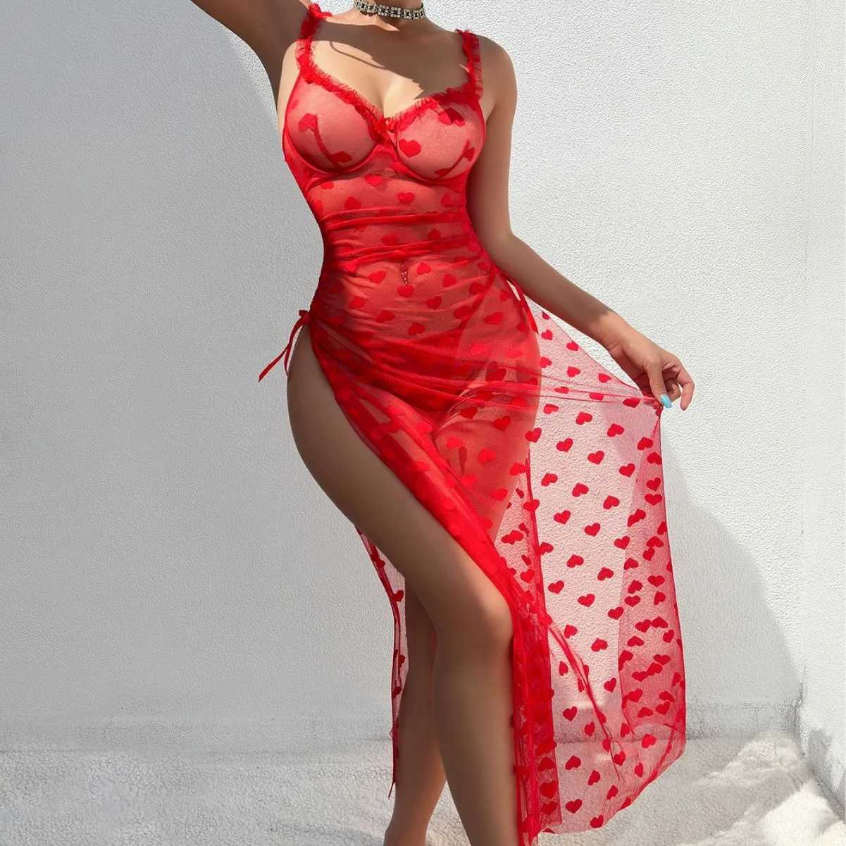 Women Pieces Heart Pattern Lace V-Neck Spaghetti Strap Sheer Mesh Babydolls Sexy See Through Slit Lingerie Set with Thong R250520