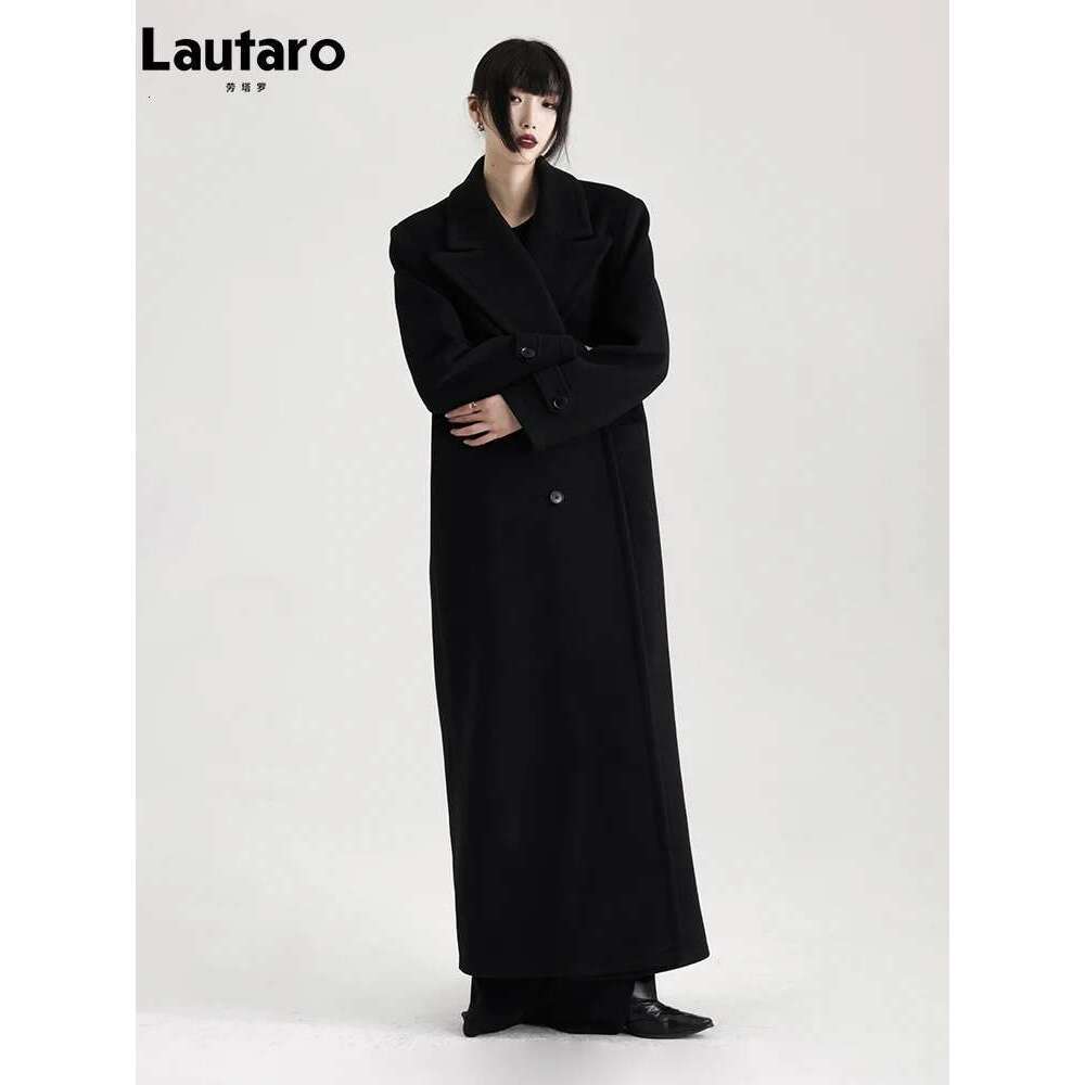 Lautaro Winter Extra Long Black Warm Soft Wool & Blends Coat For Women High Quality Loose Casual Woolen Overcoat 2024