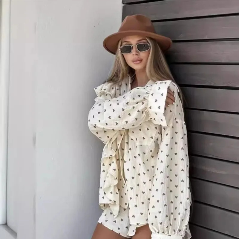Women Love Printed Ruffles Cotton Shorts 2 Pieces Set Chic Lapel Long Sleeve Shirt Sets Elegant Female Outfits Shorts Suit 250513