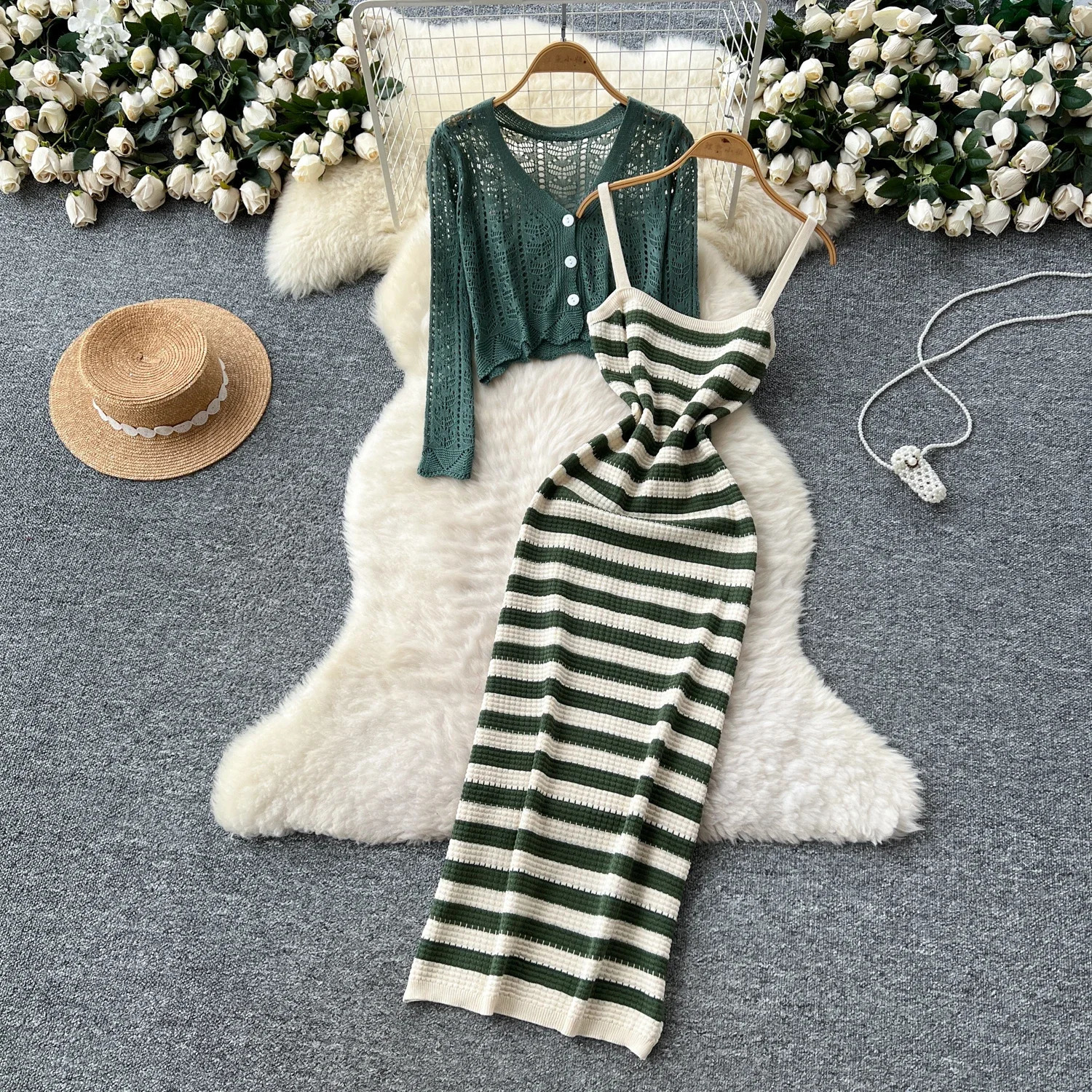 Solid Two piece set Hook flower hollow striped sweet Dress Women Fashion Summer Skirt women clothing 250520