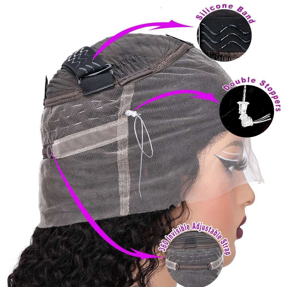250 Density HD Invisi Strap 360 Full Lace Frontal Kinky Curly 30 inch Black Human Hair Drawstring Snug Water Wig Glueless