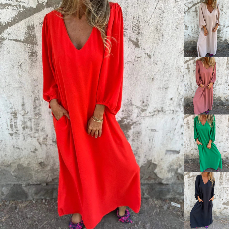 Spring and Autumn Foreign Trade Cross-border Casual Loose V-neck Solid Color Women's Lantern Sleeve Dress