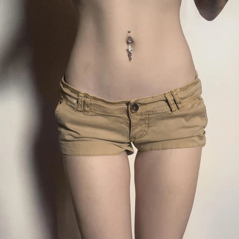 IAMTY Low-rise Cargo Denim Shorts Khaki Vintage Skinny Jean Pants High Street Casual Basic Bottoms Cool Jean Shorts Women 250520