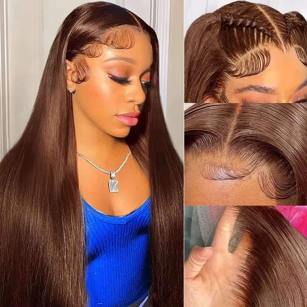 #4 Wig Chocolate Brown Straight 13X6 HD Lace Frontal Human Hair Wigs 200 Density 46 Inches For Women
