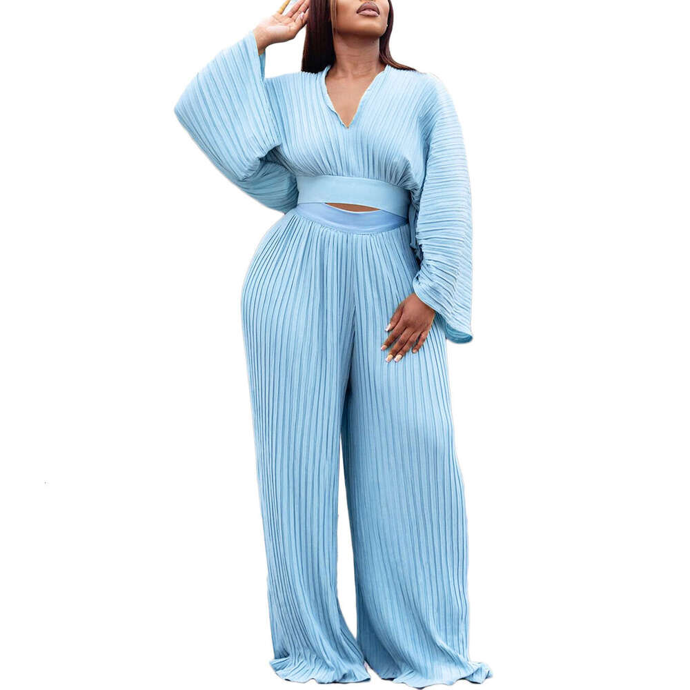 Women's Wear D3271 Women's New Spring Loose Pleated V-Neck Top Wide Leg Pants Two-Piece Set