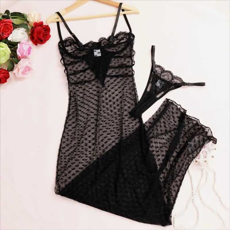 Sexy Nightgown Lingerie Set Women Lace Patchwork Mesh Sexy See-through Jumpsuit Printed Suspender Dress Underwear Set R250520